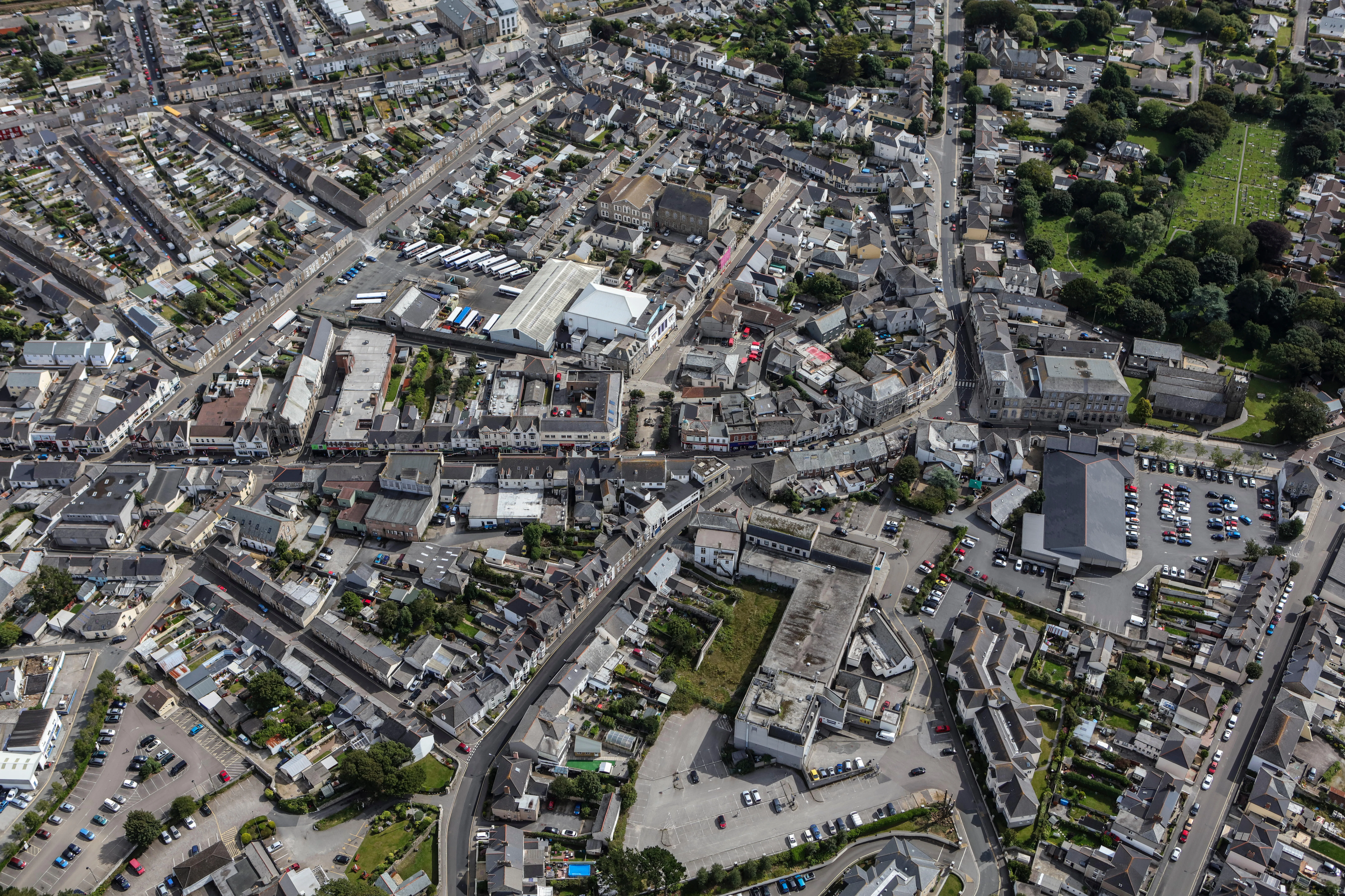 An aerial view of the town centre, Camborne, Cornwall