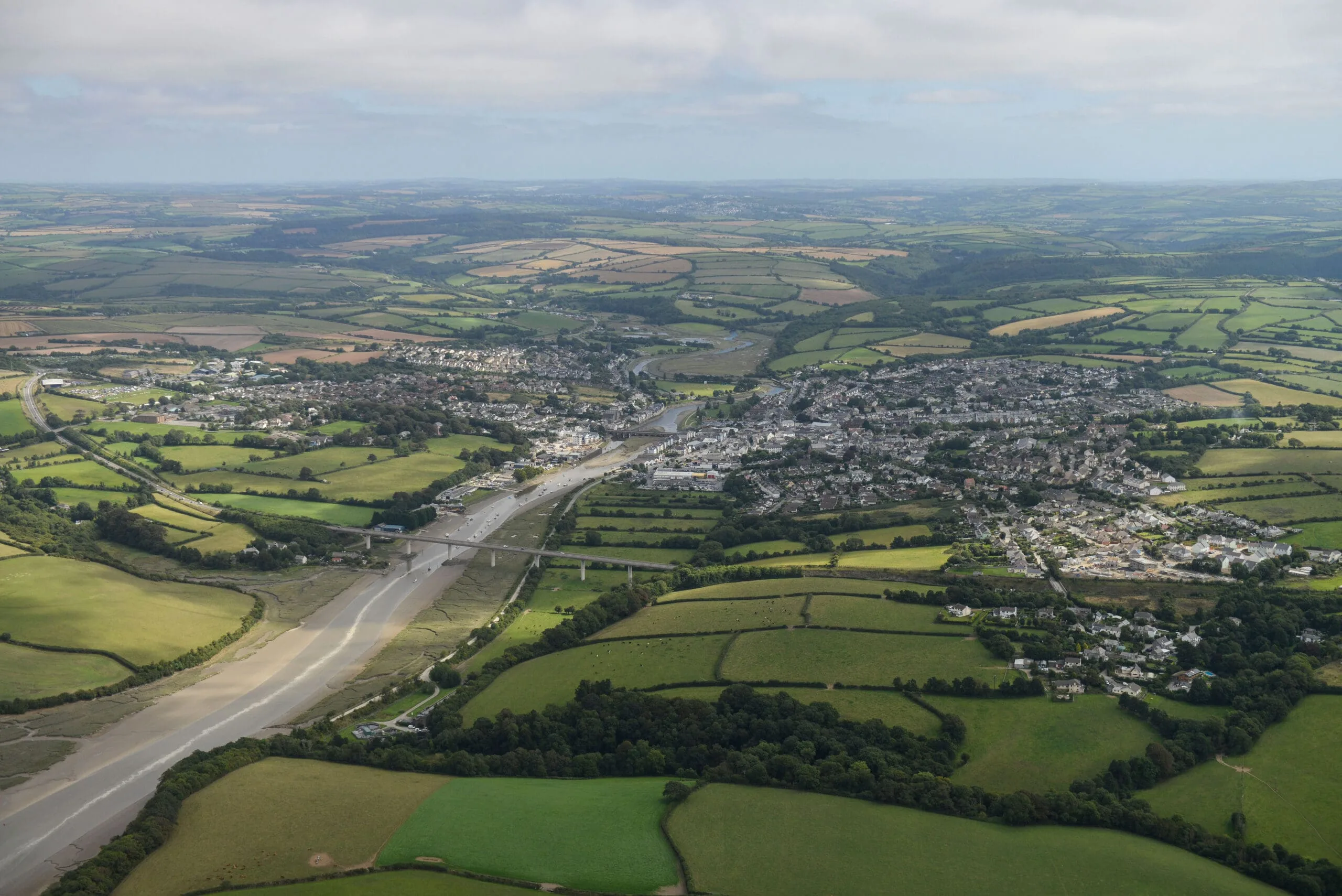 Aerial photograph over the River Camel and Wadebridge, Cornwall