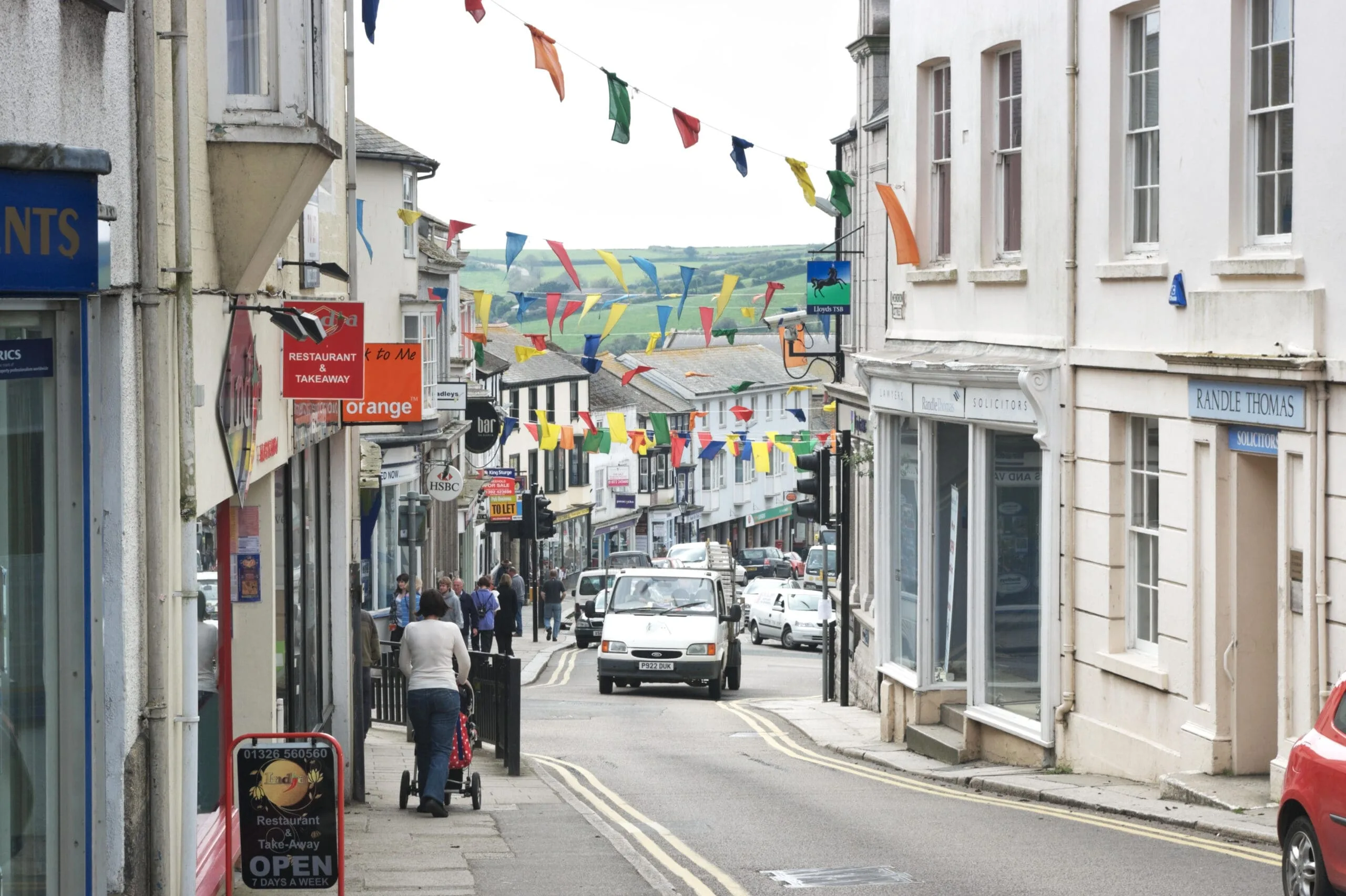 Preparations with bunting for Flora Day, Helston, Cornwall