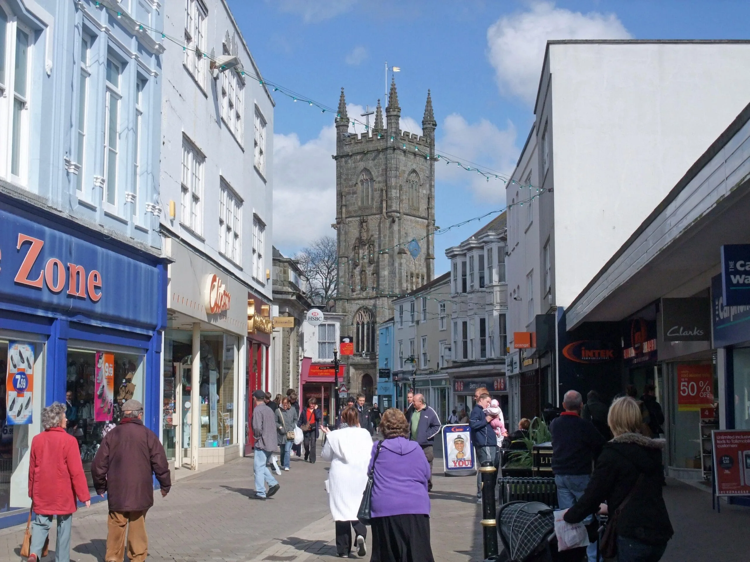 Fore street with view to Holy Trinity Church, St Austell, Cornwall
