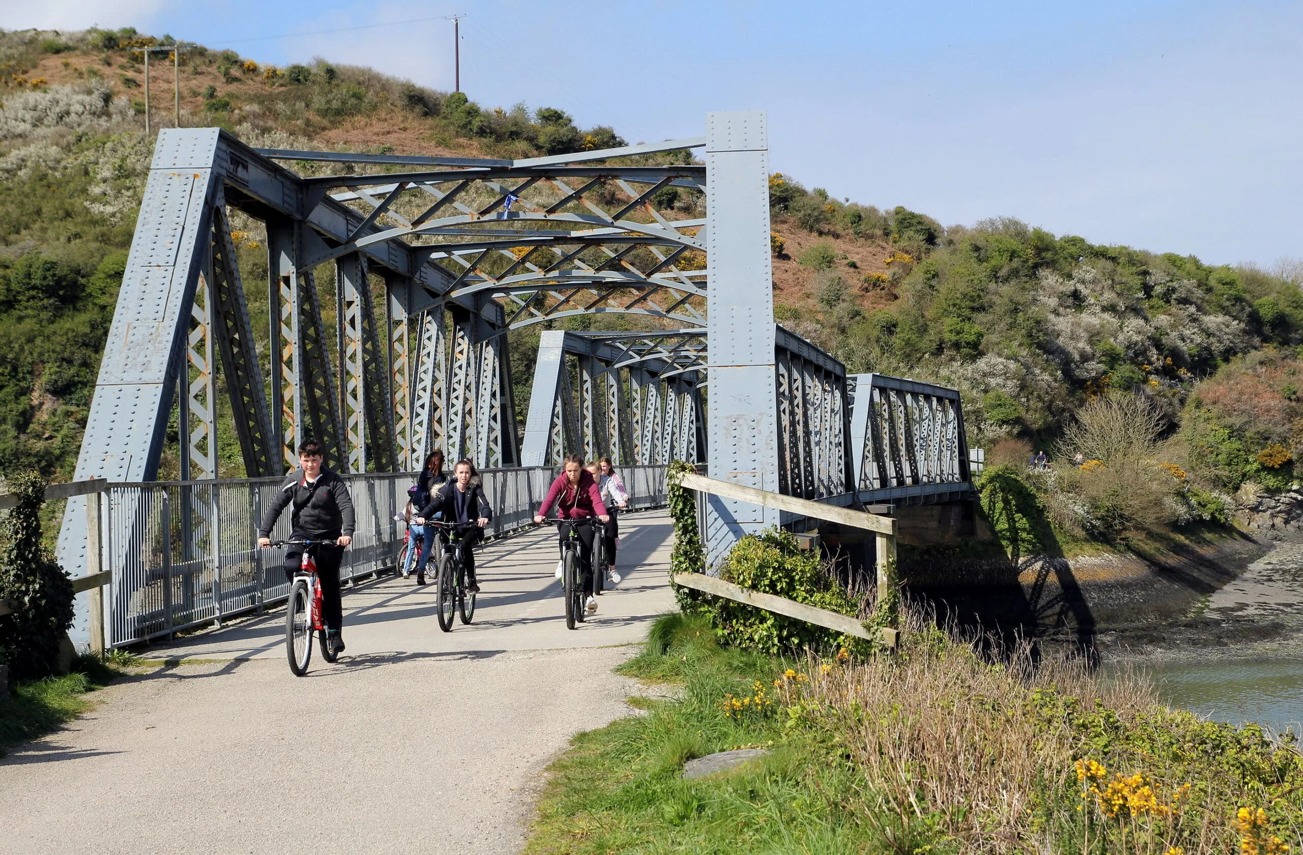 Cyclists on the Camel estuary on the Camel Trail between Wadebridge and Padstow, Cornwall