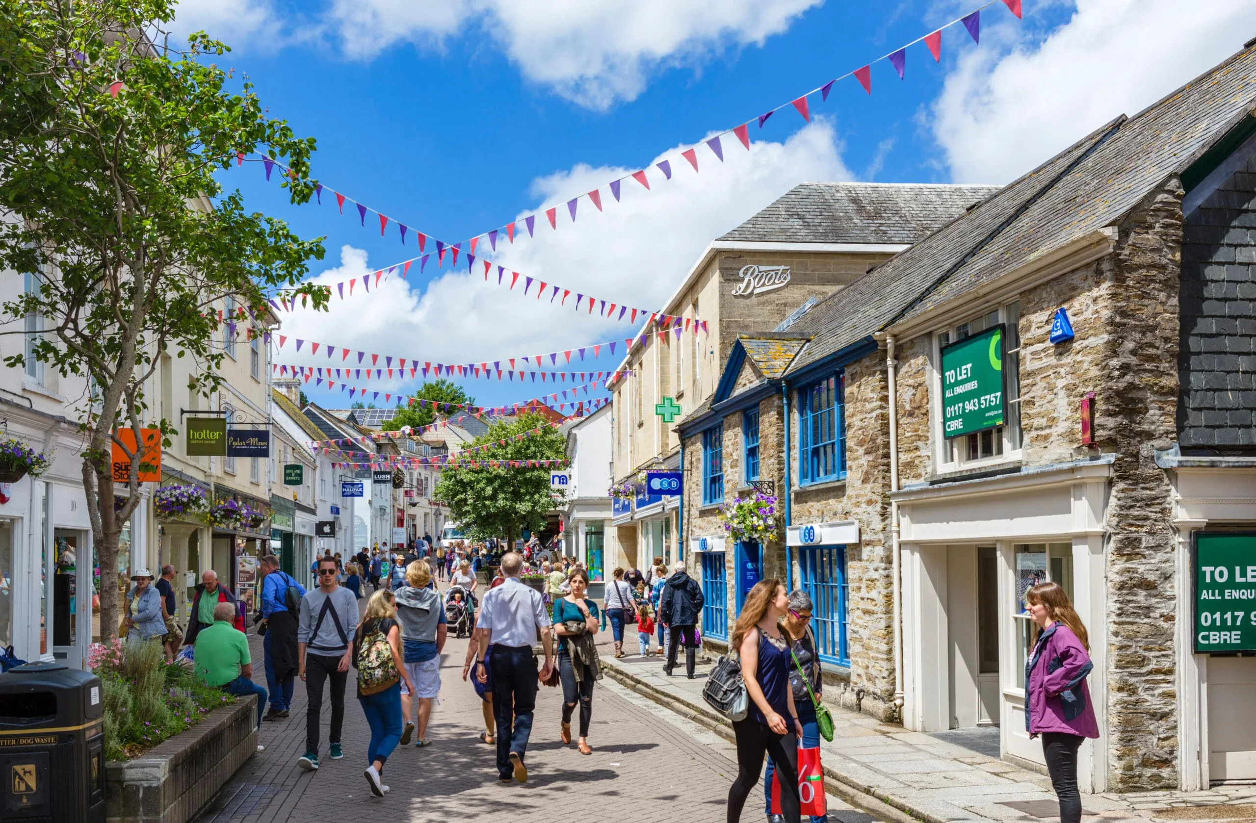 shops on pydar street in the city centre, truro, cornwall, england, uk